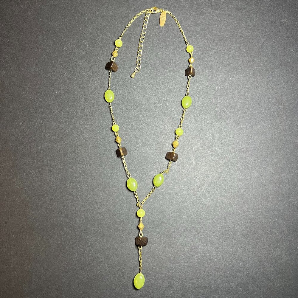 New York & Co. Boho Green & Brown Bead Gold Tone Dangle Chain Necklace 16 - 18"